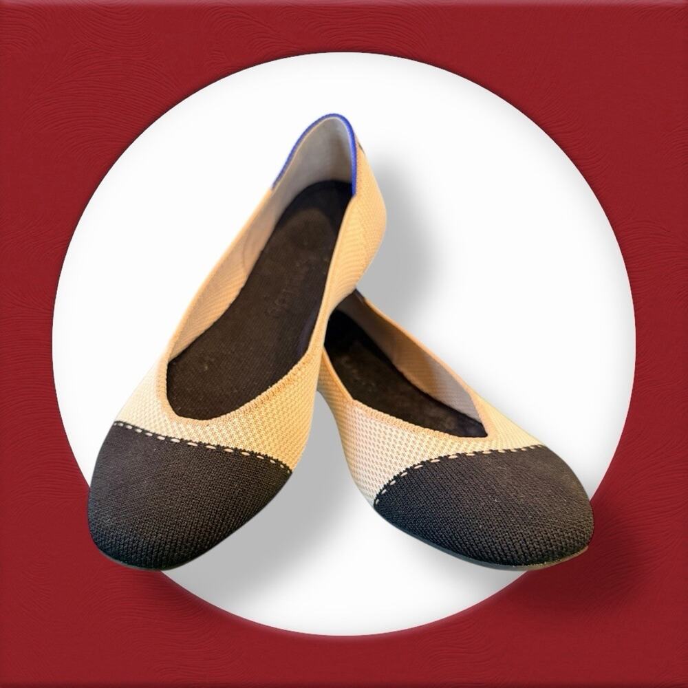 Rothy’s The Square In Tuxedo Size 8 Cream Black Knit Cap Toe Ballet Flats EUC